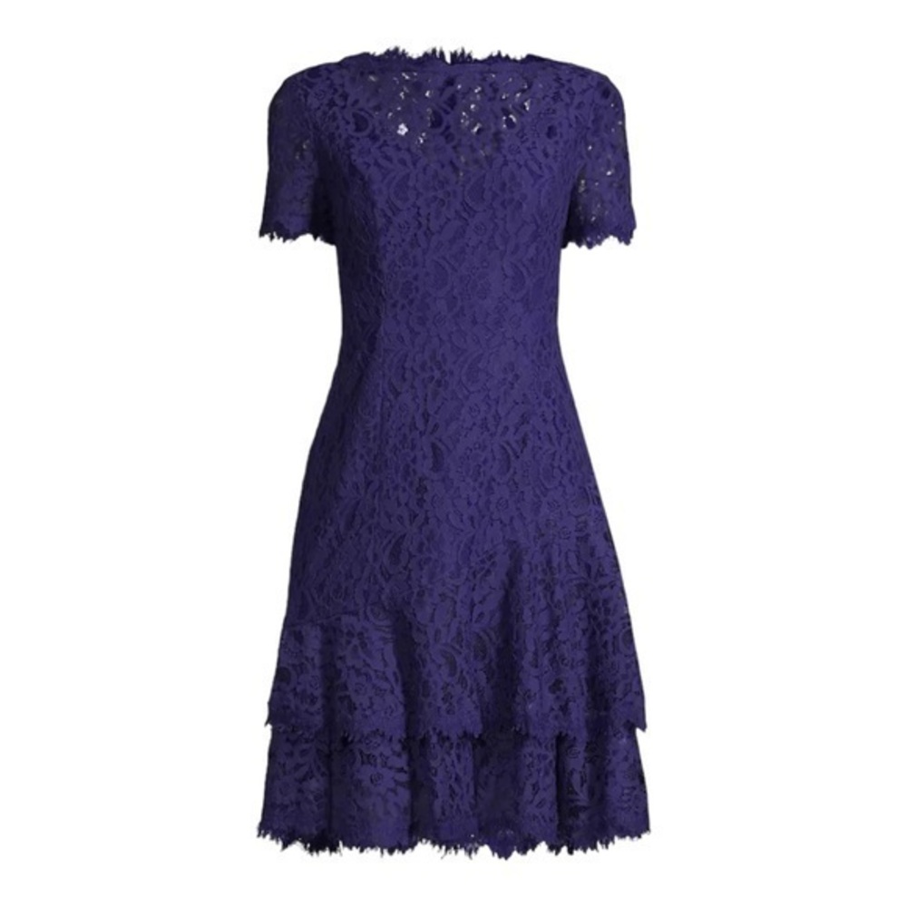 Shani Navy Blue Short Sleeve Lace Ruffle Hem Dress‎ Size 10 New